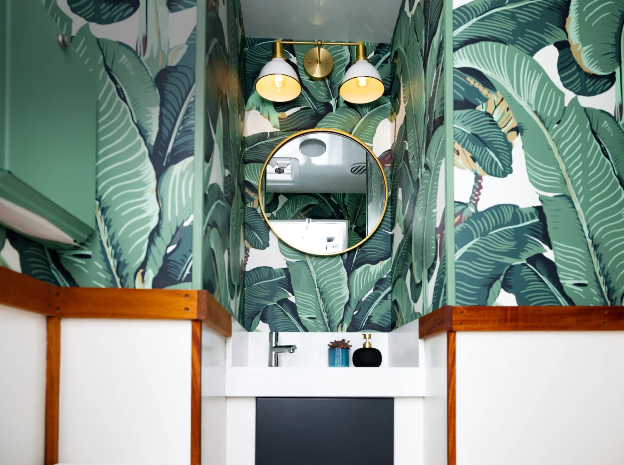 Luxury restroom trailer interior with premium finishes
