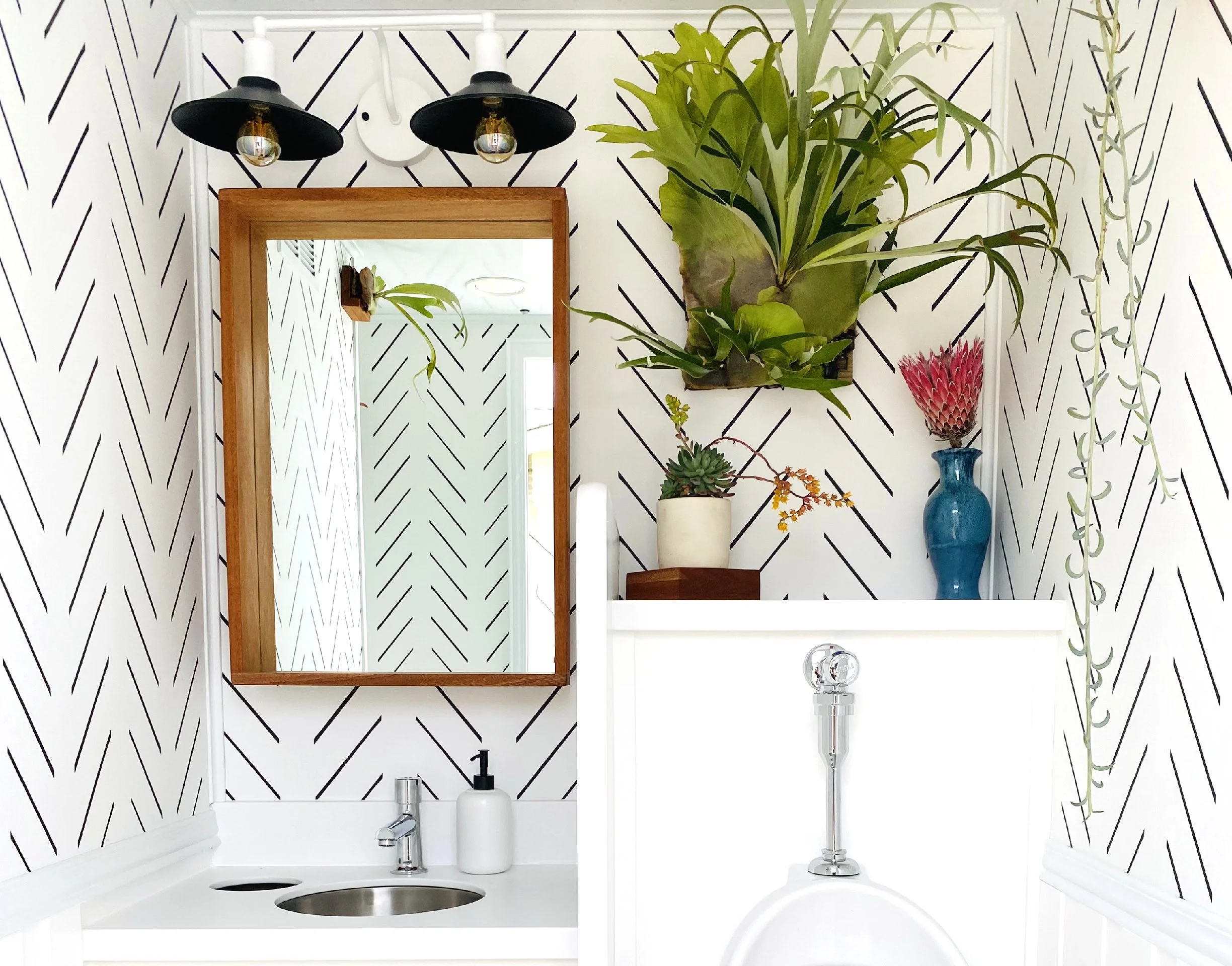 Coastal Modern men's restroom with plants